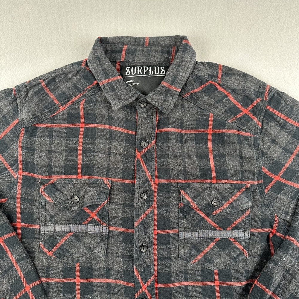 Surplus Flannel Shirt Mens Medium Gray Red Plaid Long Sleeve Button Down Cotton - Picture 3 of 10